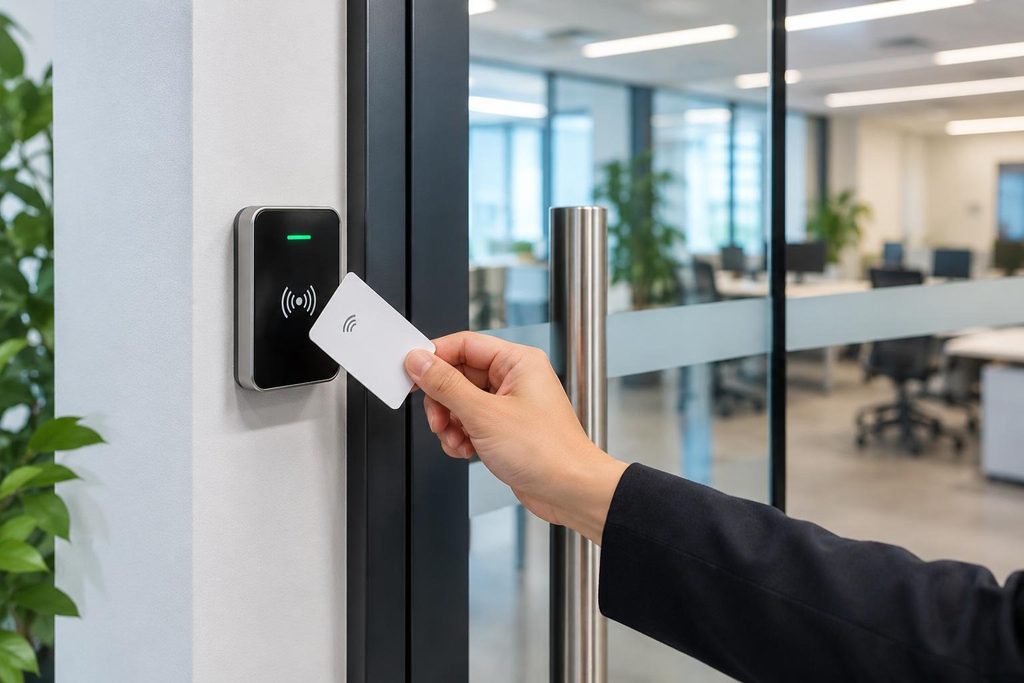Zutrittskontrollsystem mit RFID-Kartenleser an Bürotür