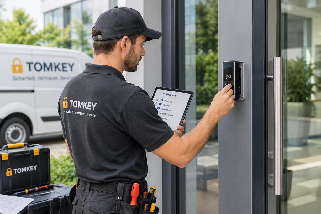 Tomkey Techniker installiert Zutrittskontrollsystem in Ulm