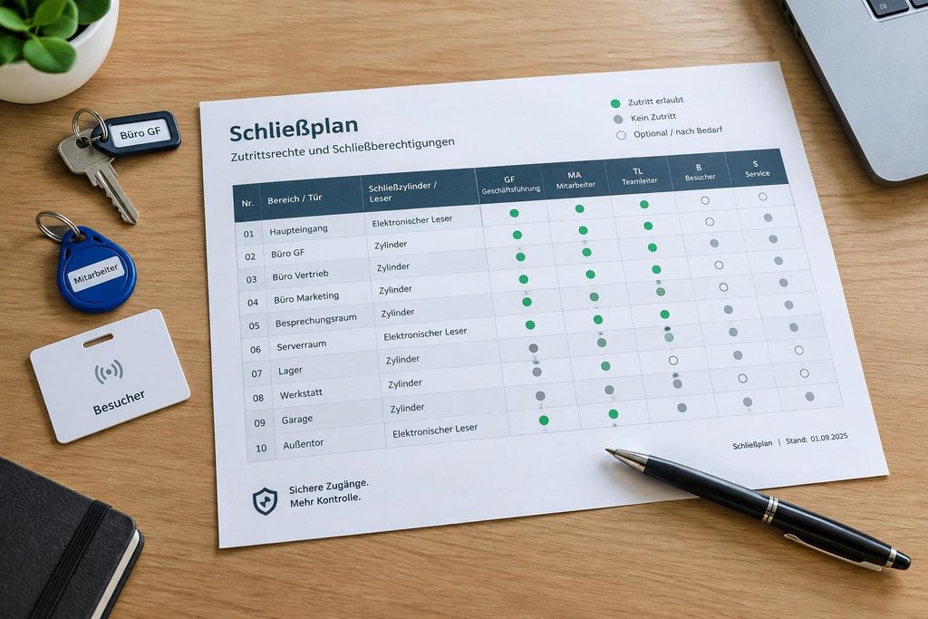 Schließplan Tabelle mit Schlüsseln auf Schreibtisch
