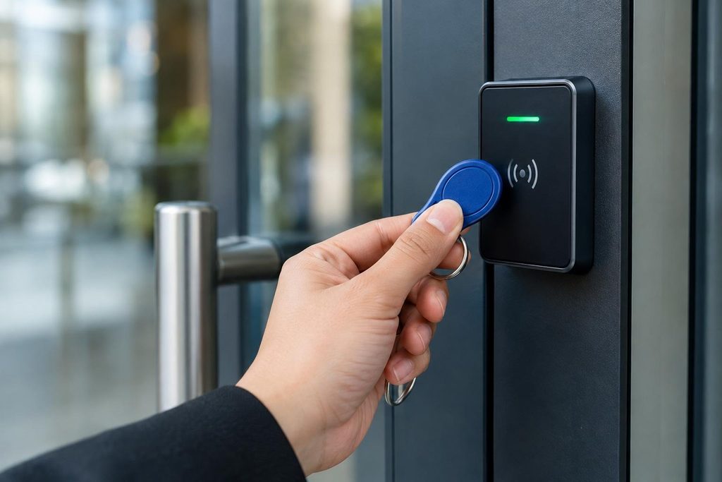 Transponder wird an Türleser gehalten, keyloser Zutritt